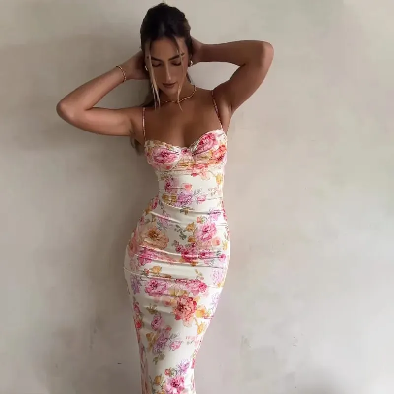 New Floral Suspender Split Slim Sleeveless Patry Beach Style Spaghetti Strap Dress Women Clothes Mini Dress 2024 Summer — image 4