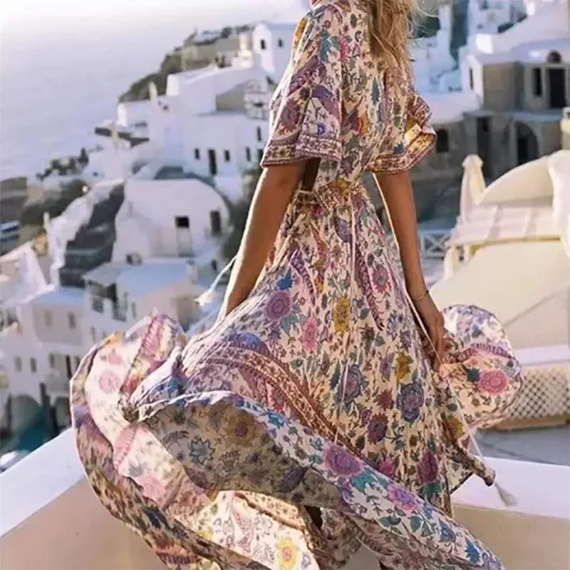 Boho Queens Women Peacock Květinový potisk Netopýří rukáv Plážové Bohémské Maxi šaty Dámské Letní šaty s výstřihem do V Letní šaty Vestidos — image 5