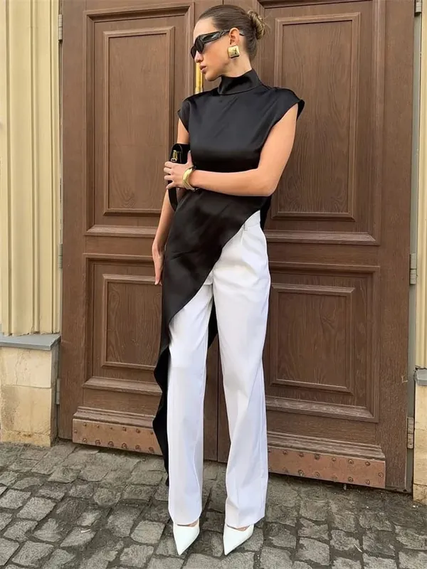 Tossy Casual Sleeveless Satin Maxi Dress Female Turtleneck Patchwork Slim Fashion Solid Commute Dress For Women Long Dress 2025 — image 6
