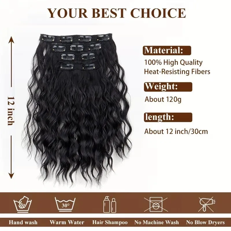 Extensión de cabello rizado ondulado corto sintético de 12 pulgadas, 4 unids/set, Clip en el cabello, fácil de usar para mujeres, uso diario en fiestas — image 3