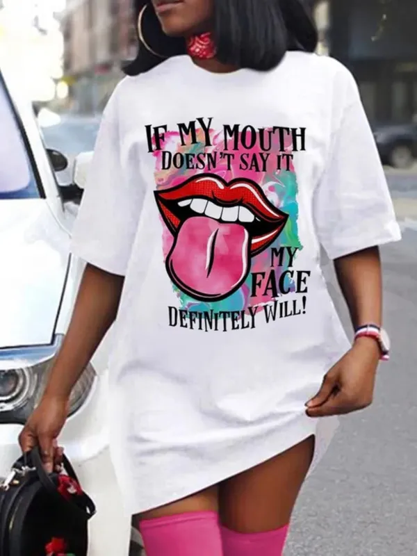 Damen Sommer Casual Fashion Loose Plus Size Brief Lippen Druck Muster bedruckt Kurzarm Sommer T-Shirt Kleid