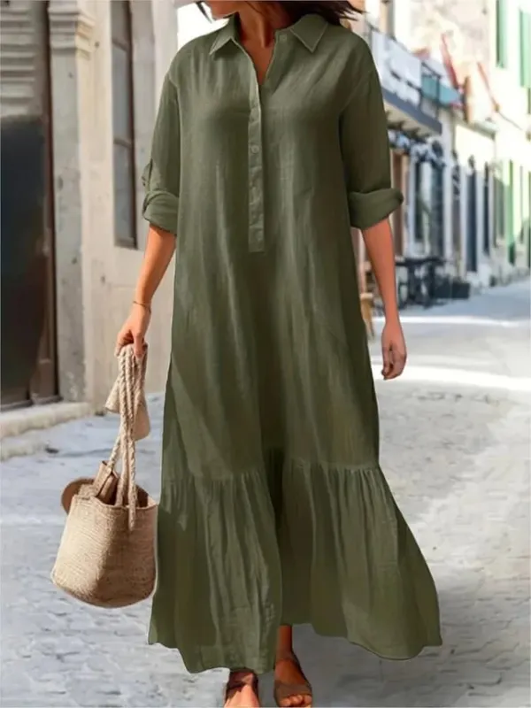 Cotton Linen Long Dress Women Long Sleeve Button Solid Color Casual Ruffles Loose Dresses Spring Autumn Comfortable Shirt Dress — image 5