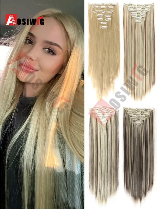 18-32Inch 16 Clips in Hair Extensions Long Straight Hairstyle Synthetic Blonde Black Hairpieces Heat Resistant False Hair Daily — image 2