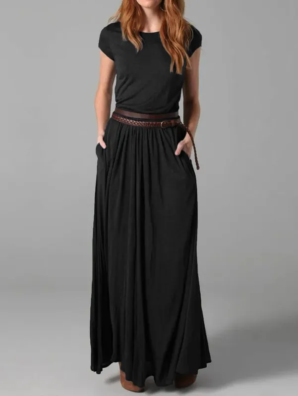 Pakaian Maxi Leher Krew Wanita Elegan Dengan Poket Pakaian Skirt Panjang Lengan Pendek Pakaian Maxi Wanita Pejabat