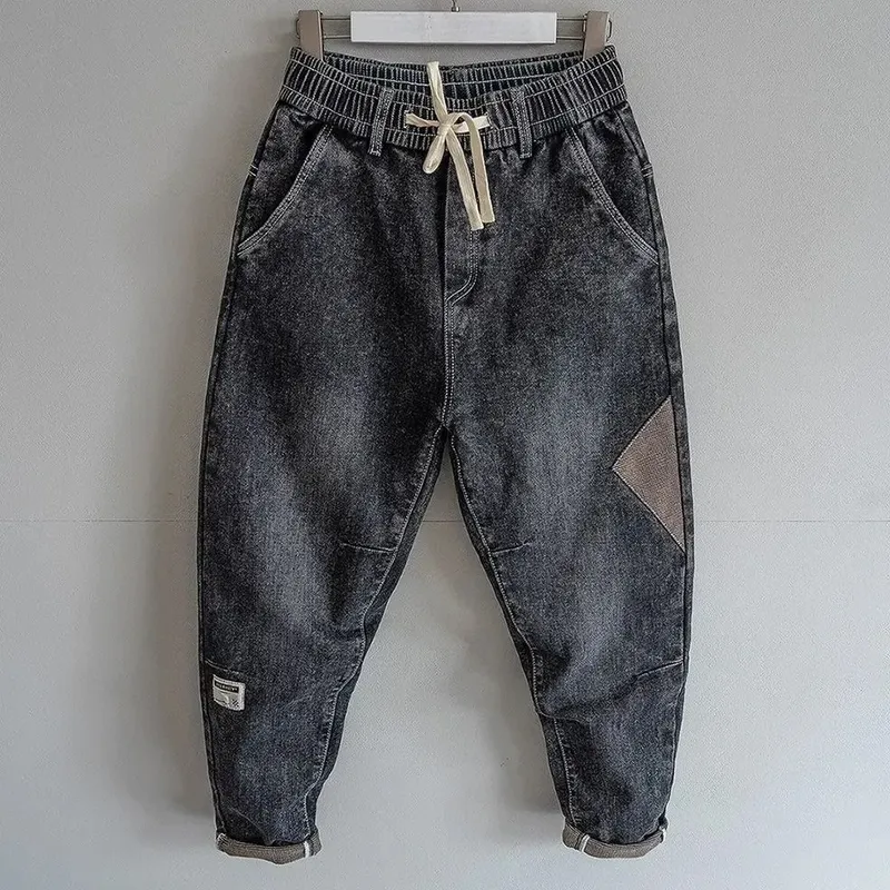 Loose Elastic Waist Denim Jeans Spring Autumn Spliced Harem Pants Men's Casual Pants 2024 Korean New Stretch Baggy Cargo Jeans — image 6