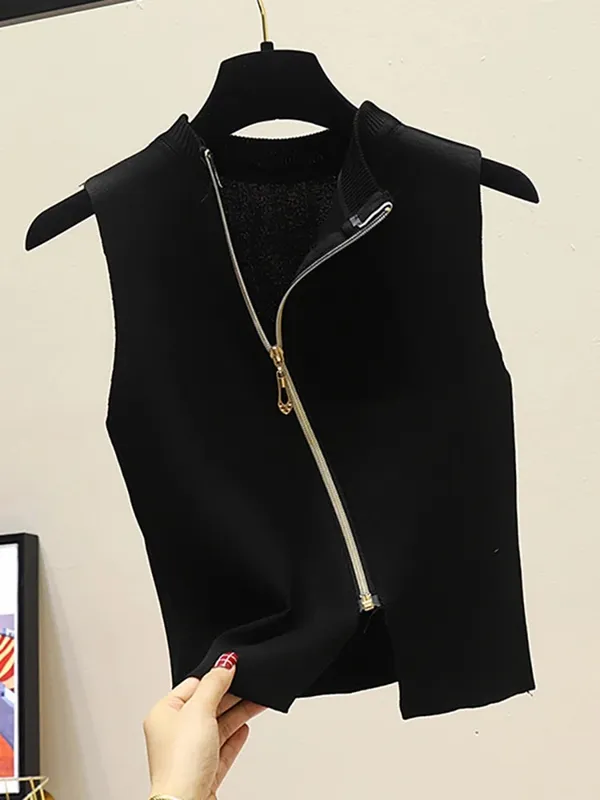 2026 Summer Spring zipper Knit Tank Top Cami Korean Camisole Elastic Vest O Neck Solid Color New Slim Breathable Tops White — image 2