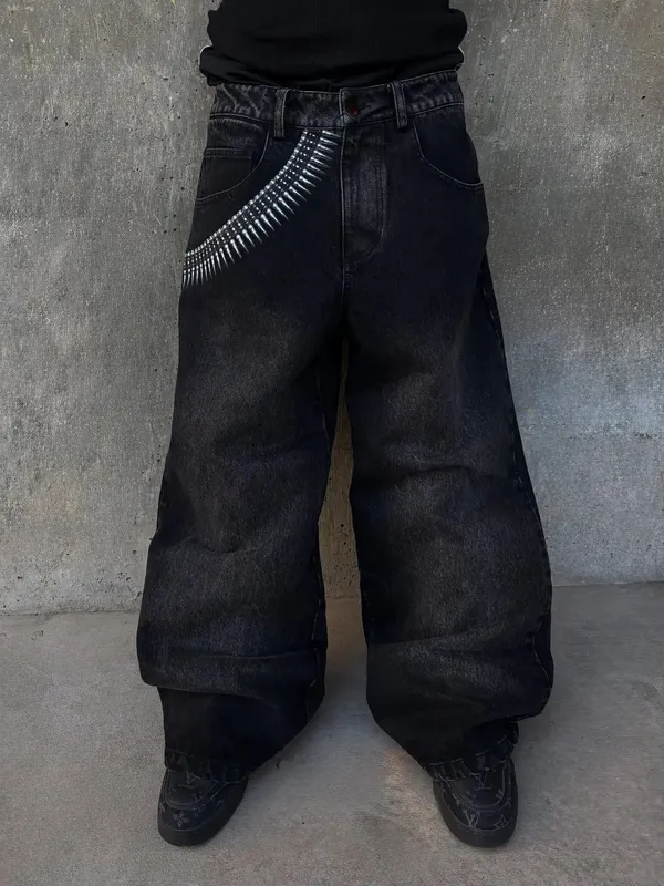 Y2K Baggy Tactical Jeans Men Punk Bullet Chain Print Washed Jean Retro High Street Jeans Hip Hop Men Casual Wide Leg Denim Pants