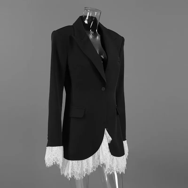 2026 Autumn New Sexy V-Neck Lace Patchwork Black Dress Elegant Temperament Long Sleeve Blazer Maikling Dresses Pambabaeng Damit — image 4