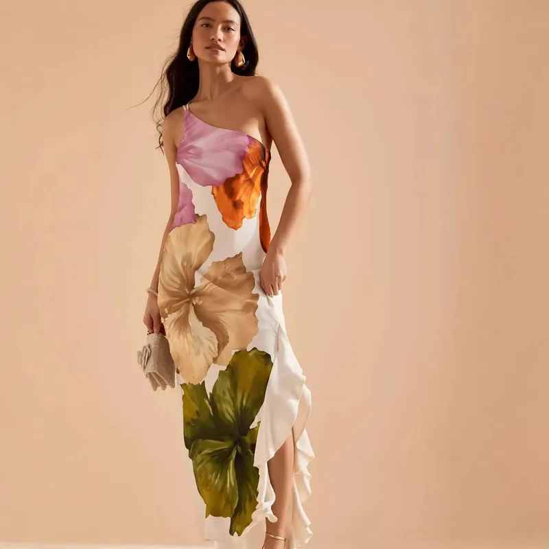 Fashion Women Printed Curling Edge Long Dresses Irregular One Shoulder Open Fork Gown Women Summer 2025 Party Vestidos