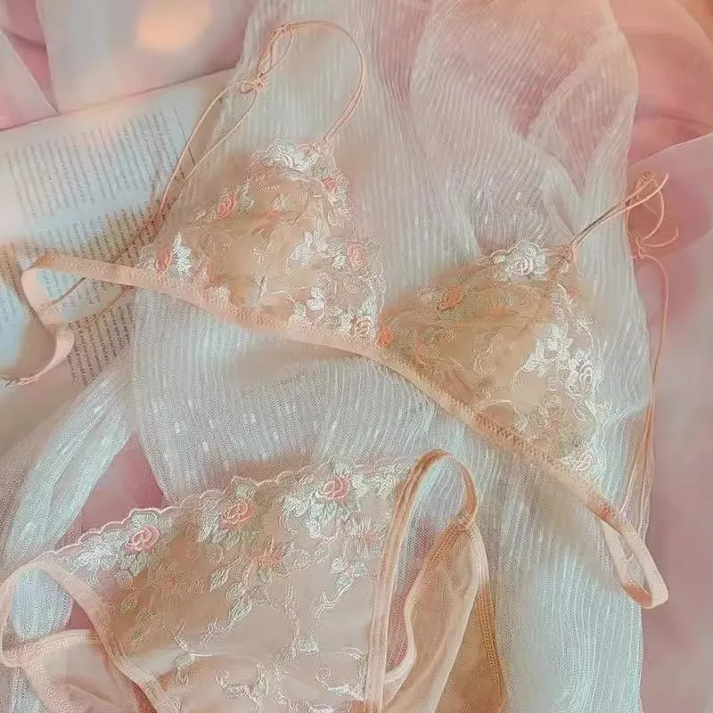 French pure Desire Embroidered Lace Dream Triangle Cup Without Underwire Thin Belt Small Bra Set Ultra-thin Sexy Bra Set — image 9