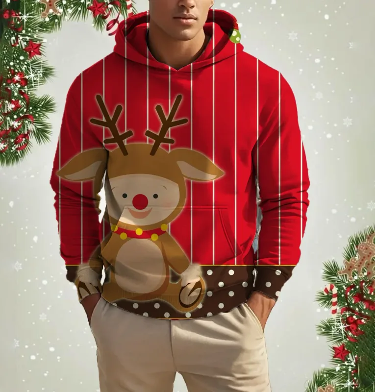 Men's Christmas Reindeer Print Hoodie Animal Cartoon Pattern Sweatshirt Casual Cute Polyester Spandex Blended Hooded Sweatshirt