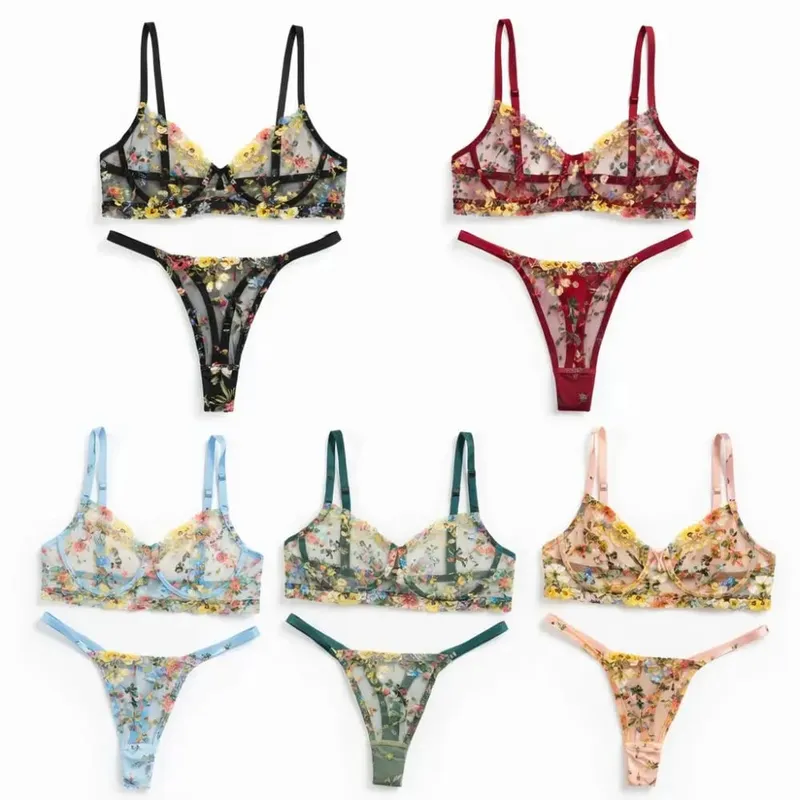 2-Piece بوهيميا الأزهار مجموعة الملابس الداخلية التطريز تنوعا الملابس الداخلية العشير Underwire رفع شير البرازيلي اللباس الداخلي مجموعة لسيدة فتاة