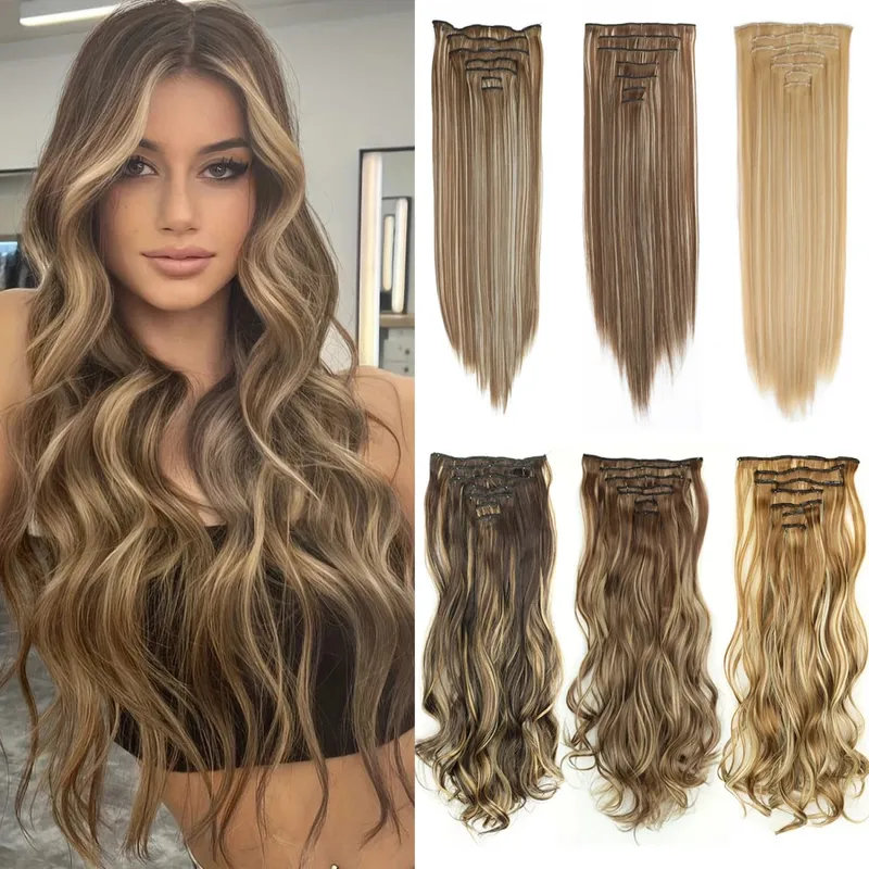 7Pcs/Set 16 Clips Hair Extension Black Long Straight Natural Hair Ombre Hairpiece Heat Resistant Fiber For Women Hairstyle — image 2