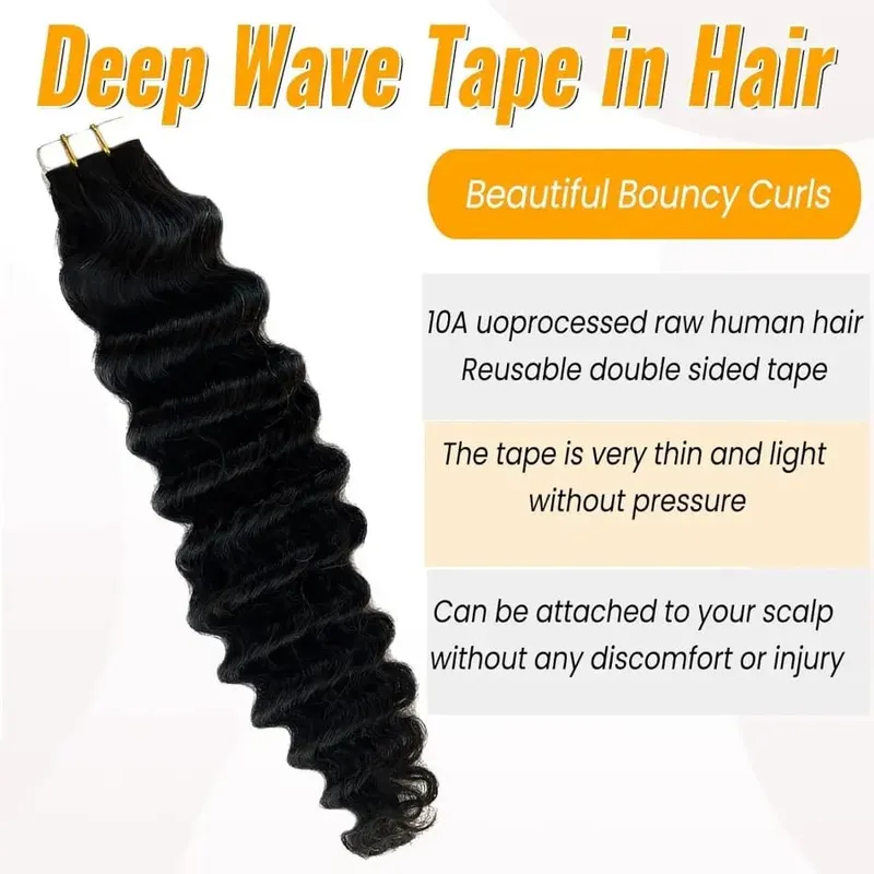 Deep Wave Tape In Extensions 100% Human Hair Deep Curly Tape on Hair Extensions Skin Weft Remy Natural Hair Extensions #1B — image 3