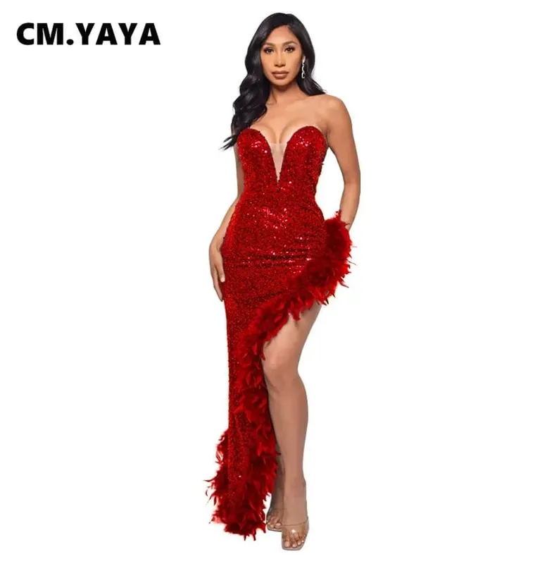 CM.YAYA Women Sequined Strapless Feather High Side Split Strapless Bodycon Midi Maxi Dress Sexy Club Even Party Dresses Vestidos