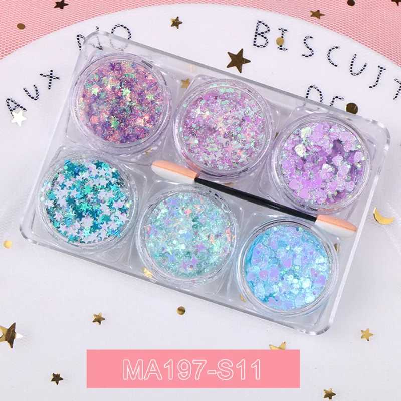 6 jar/conjunto holográfico corpo glitter gel grosso rosto olho coração estrela em forma de brilho brilho lantejoulas maquiagem festival de unhas decoração de festa — image 8
