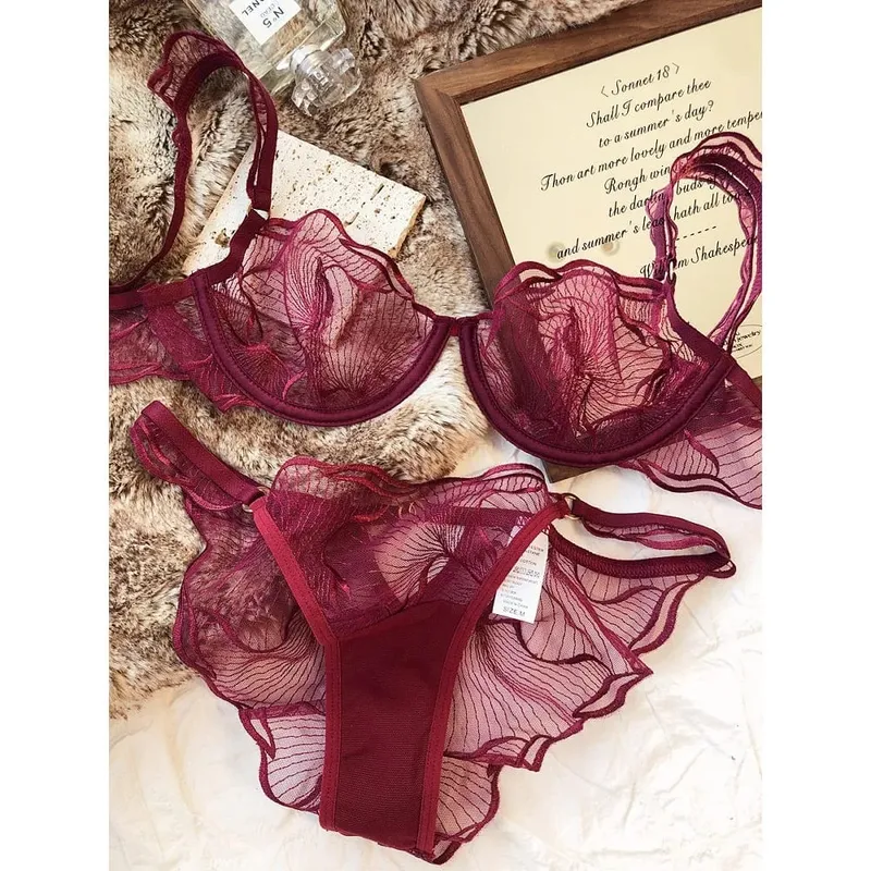 French Floral Embroidery Lace Bra Set For Women Ultra Thin Sheer Minimizer Bra Hollow Out Lingerie Brassiere Lightweight Fabric — image 6