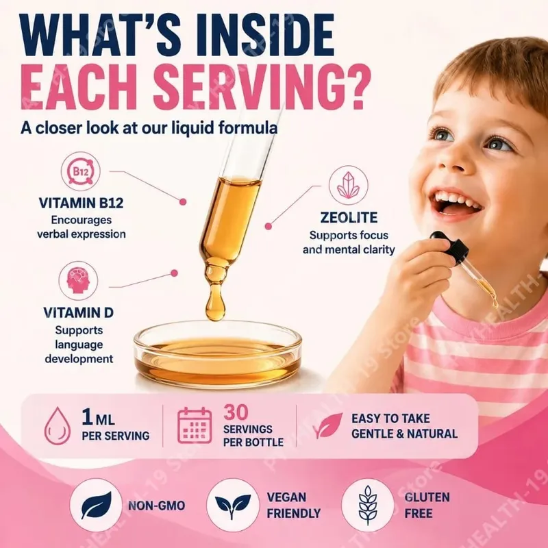 Googeer Little Speakers Liquid Supplement Vitamin B12 D3 Zeolite For Verbal Expression Language & Focus Support Kids 30ml — image 7
