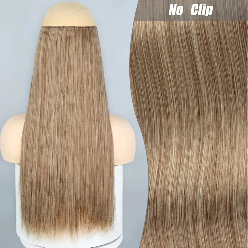 Synthetic Long Wavy No Clips Invisible Wire Hair Extensions Black Brown Blonde Fish Line False Hairpiece Piece — image 28