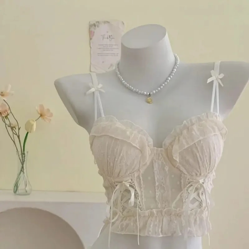 Dolce volant set reggiseno di pizzo donna piccolo busto push up maglia incrociata con spalline puro delicato quotidiano intimo morbido lingerie 2 pezzi 32-38AB