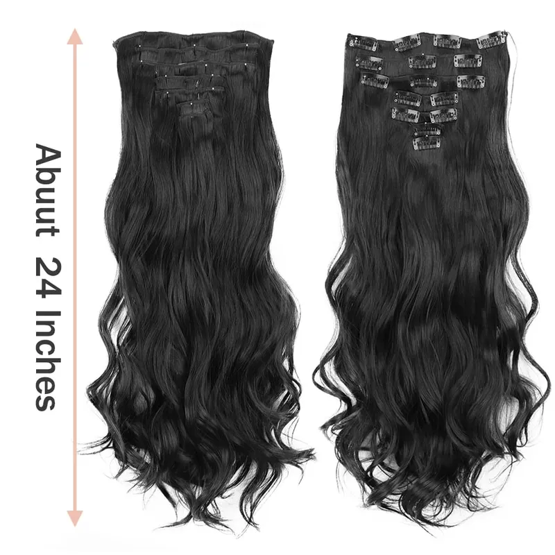 Synthetic 24Inch 16 Clips In Hair Extensions 7Pcs/Set Long Wavy Hairstyles Blonde Brown Heat Resistant Hairpiece For Women — image 3