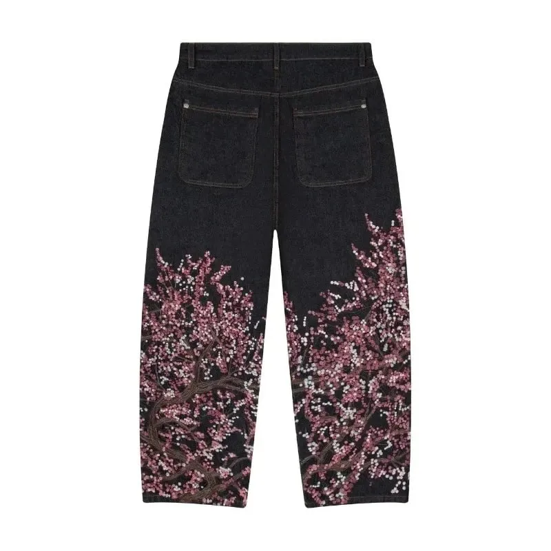 Y2K Harajuku jeans Goth vintage plum blossom embroidery pattern wide leg pants men women denim fabric American style street wear — image 13