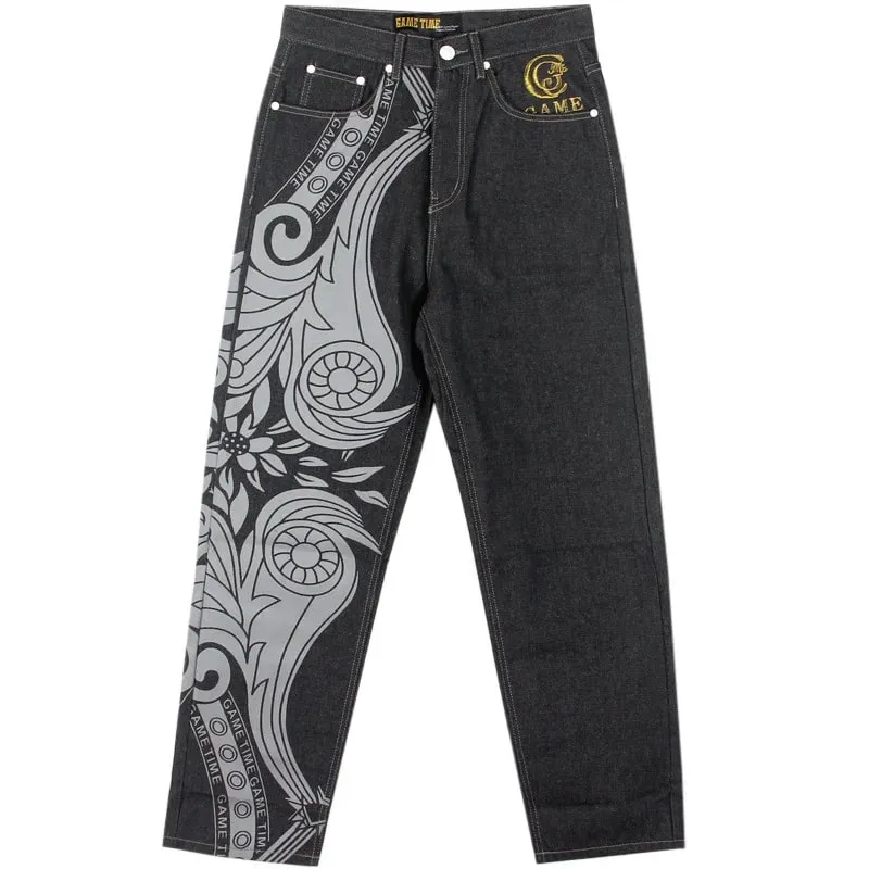 Jean Print Distressed Men Embroidery Jeans Straight Denim Pants Full Length Washed Mid Waist Zipper Fly Pockets Hiphop Loose — image 6