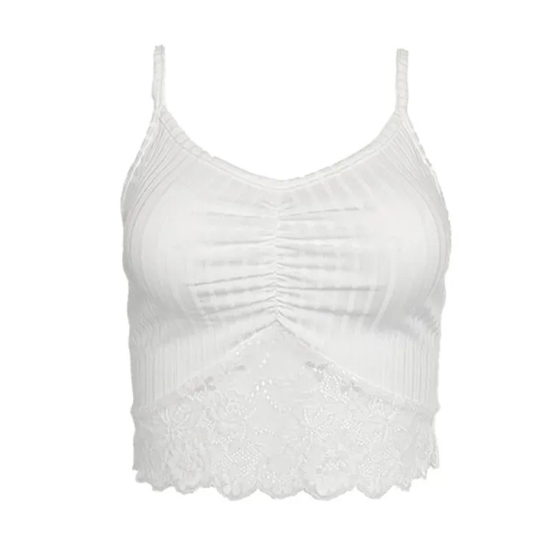 White Camisole 2025 Women's Tanks New Style V-Neck Lace Patchwork Pleated Fashion Sexy Hot Girl Street Fashionista Camisole Top — image 5