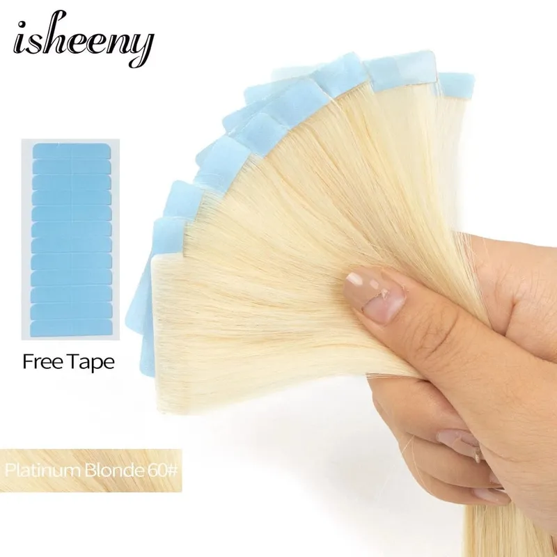 Isheeny 12" 16" 20" PU Skin Weft Tape Hair Extensions 10pcs Invisible Tape In Hair Extensions Straight Machine Remy Human Hair