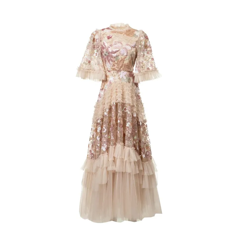 Women's Dress O Neck Short Sleeves Sequined Floral Patchwork Ruffles Elegant Designer Party Prom Gown Maxi Vestidos S- 4XL