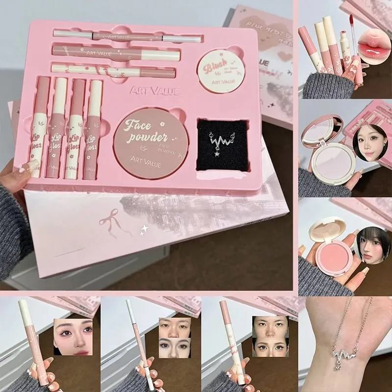 ART VALUE Makeup Set Include 4 Lip Glaze 1 Pressed Powder 1 Blush 1 Eyeliner 1 Eyebrow Pencil 1 Mascara With Necklce Cosmetics