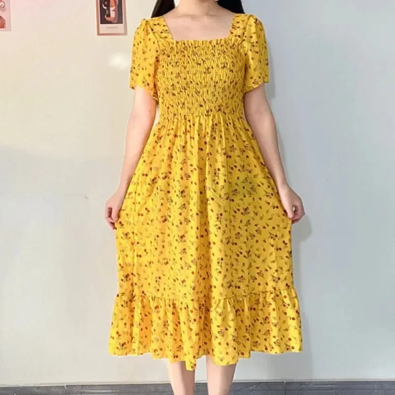 Spring Summer Elastic Waist Short Sleeve Chiffon Dress Women Casual Dresses Female Printed Floral Midi A-Line Dresses Vestidos — image 4
