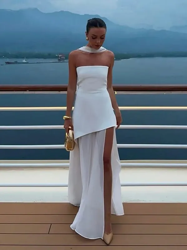 Elegant White Mesh Splicing Slim Women Strapless Dress Chic Scarf Neck Off Shoulder High Waist Long Dresses Lady Party Robes