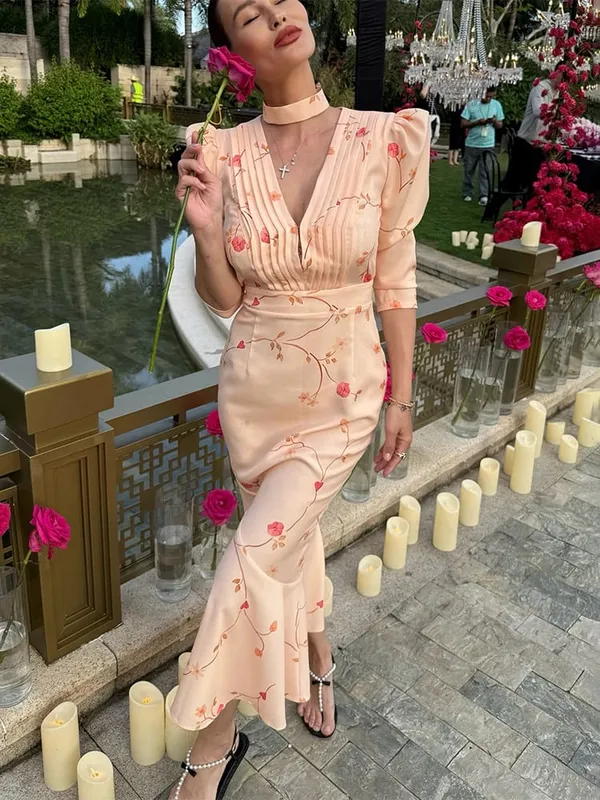 Trendix Elegant Flower Print Maxi Dress Women High Waist Patchwork Short Sleeve Dresses Sexy Deep V Neck Elegant Evening Dress — image 5