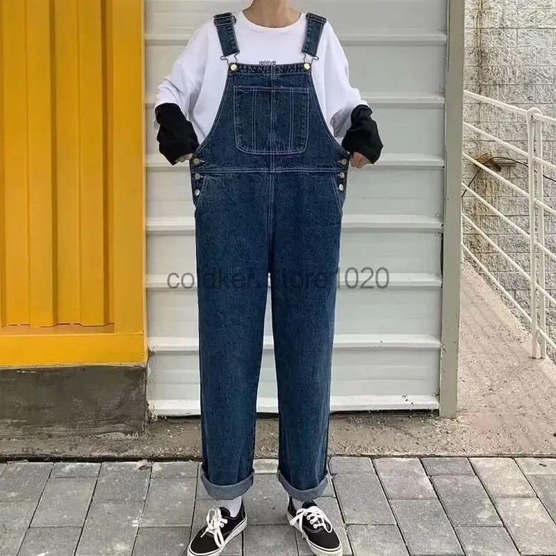 New Men's Denim Overalls Casual Multiple Pockets Loose Splice Straight Rompers Fashion Adjustable Suspenders Jeans For Male — image 6