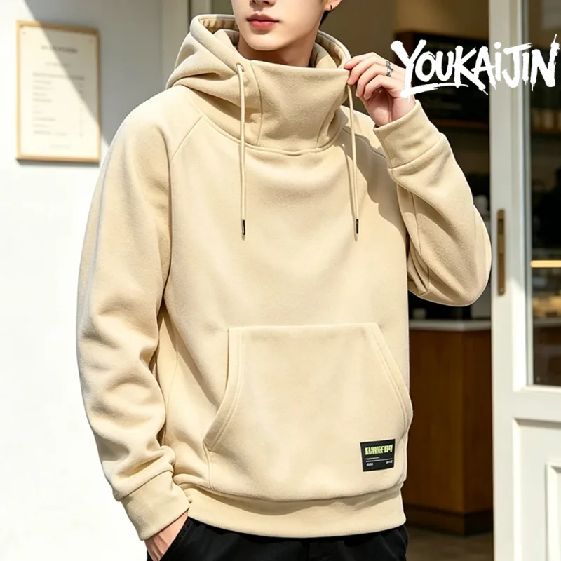 Men's Polar Fleece Sweatshirt Solid Color Street Style Autumn Winter Hood Sports Windproof Oversized High Collar Hoodie 5XL — image 5