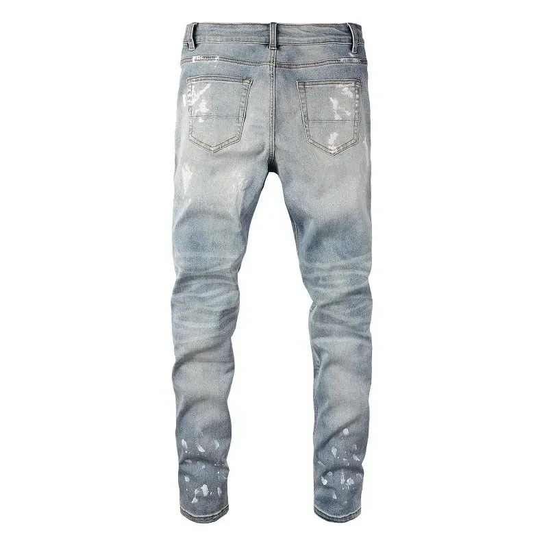 Blue High Street Holes Transparent Crystals Patchwork Stretch Slim Fit Rhinestones Patches Distressed Ripped Graffiti Jeans Men