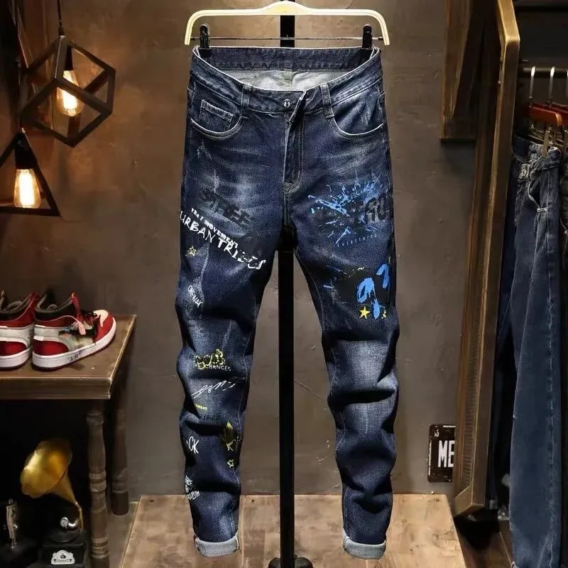 Spring and Autumn Fashion Trend Printed Straight-Leg Stretch Denim Jeans For Men Comfortable Casual Sports High-Quality Jeans
