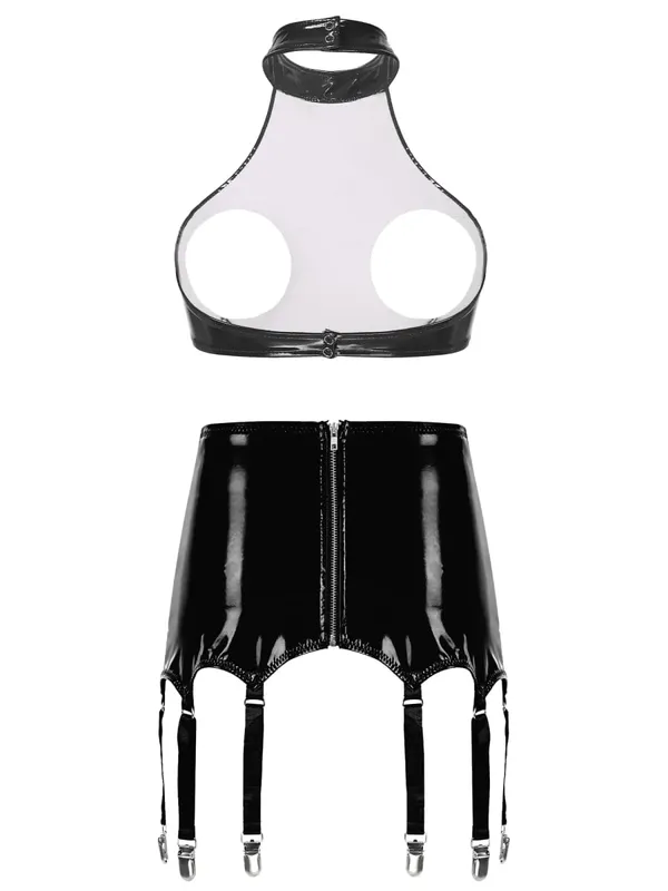 Womens Patent Leather Two-Pieces Porn Lingerie Set Wire-free Open Bust Push-up Bra Top Tank Top with Zipper Garters Mini Skirt