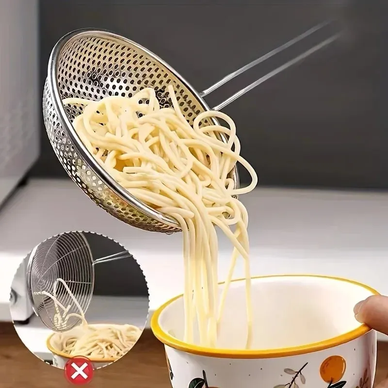 Stainless Steel Colander with Wooden Handle - Fine Mesh Skimmer Spoon for Cooking Food Prep Grease Filtering for Pasta Noodles