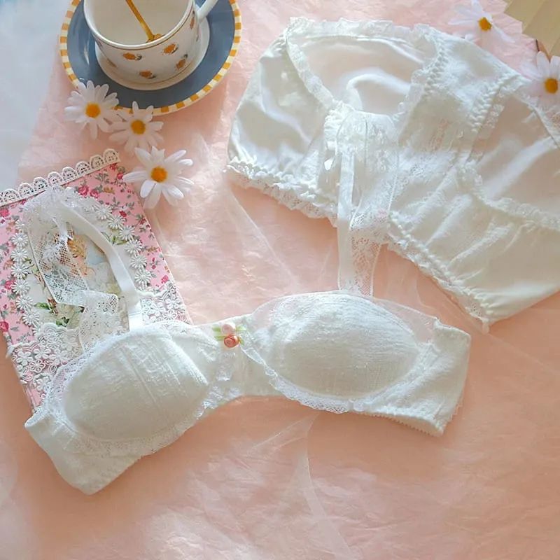 Vintage-Unterwäsche, Prinzessin, weiße Spitze, Dessous, Baumwolle, Bügel-BH und Höschen-Set, japanische kleine Brüste, sexy und niedliches Bralette — image 4