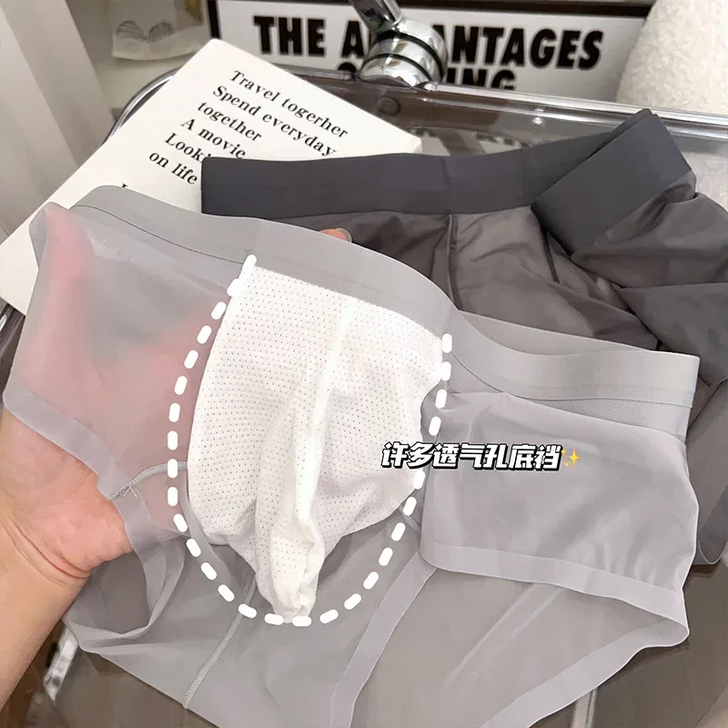 Transparente herren Slips Ultra-dünne Eis Seide Schnell Trocken Höschen Sexy U Ausbuchtung Beutel Mann Unterwäsche Atmungsaktive Unterhose cuecas