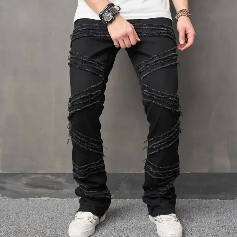 Ripped Men's Jeans Stretchy Denim Streetwear Tearing Patchwork Holes Ripped Denim Loose Casual Pants Slim Fit Straight Trousers — image 5