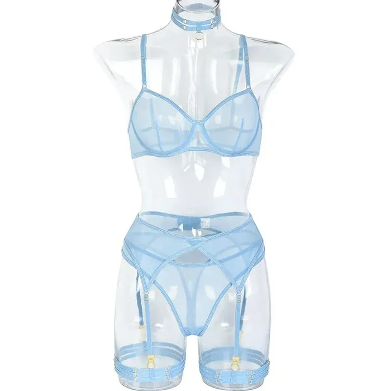 3pcs Ladies Sexy Solid Sensual Lingerie Set Mesh Underwear Women Push Up Bra Garters Brief Sets Transparent Blue Bra — image 5