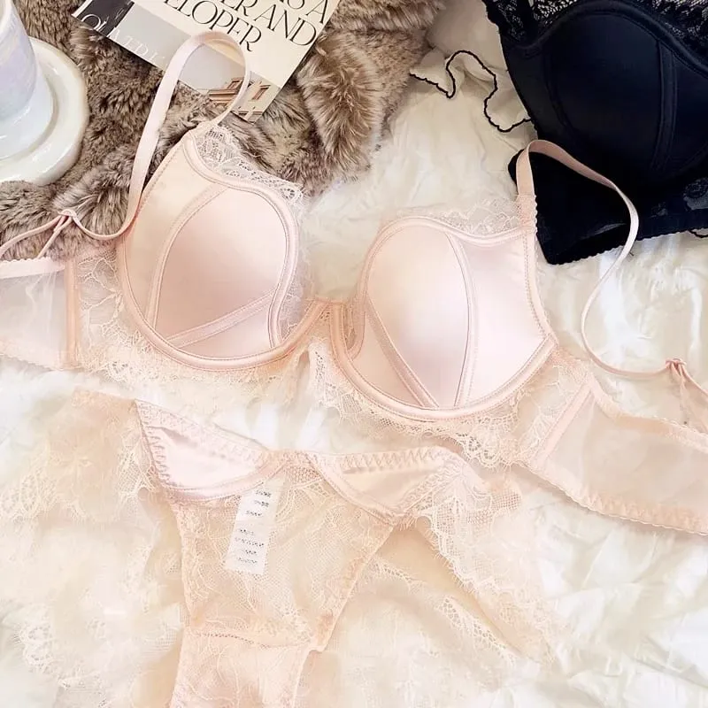 Sweet Little Fresh Deep-V tenké spodní prádlo s krajkou pro ženy, sexy set podprsenky s velkou velikostí BC, spodní prádlo push up se spodničkami