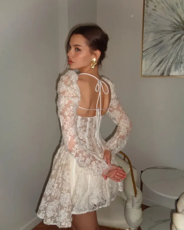 Mini Robe en dentelle blanche à lacets en arête de poisson pour femmes, tenue Chic, dos nu, manches longues, transparente, ligne a, Robe de soirée, 2026 — image 5