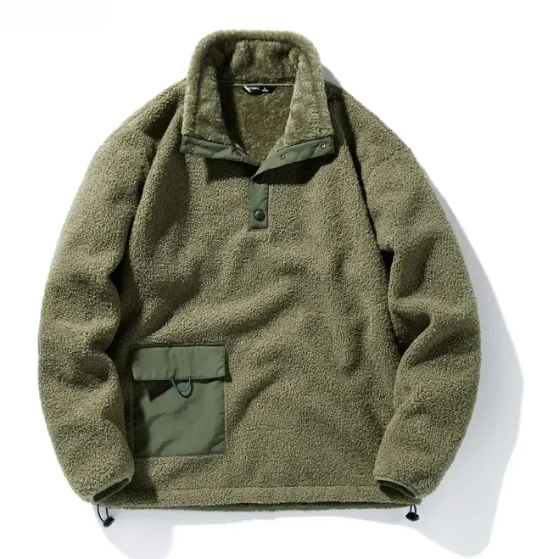 New Men's Sweatshirts Fashion Patchwork Pocket Fleece-lined Warm Pullover Tops Male Polar-fleece Loose Casual Hoodies Coats — image 2