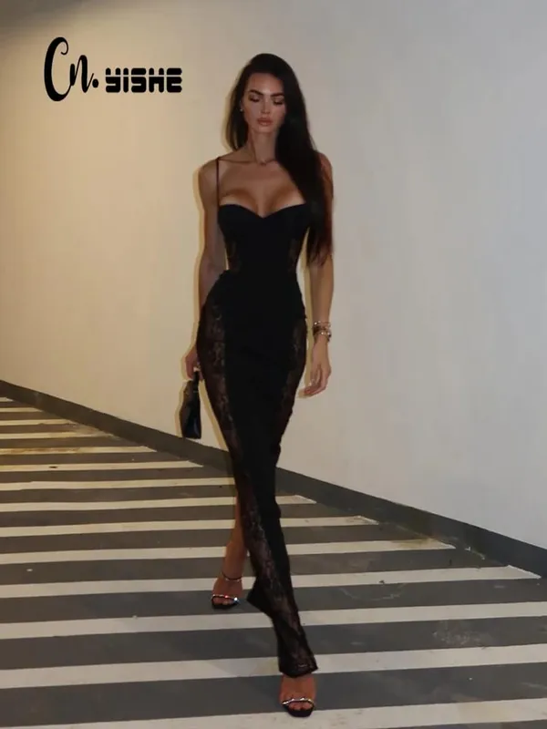 Lace Patchwork Camisoles Solid Split Women Dresses Hip Wrap Sheath Fashion Chic Party Outfits Sexy Club Trendy na Babae