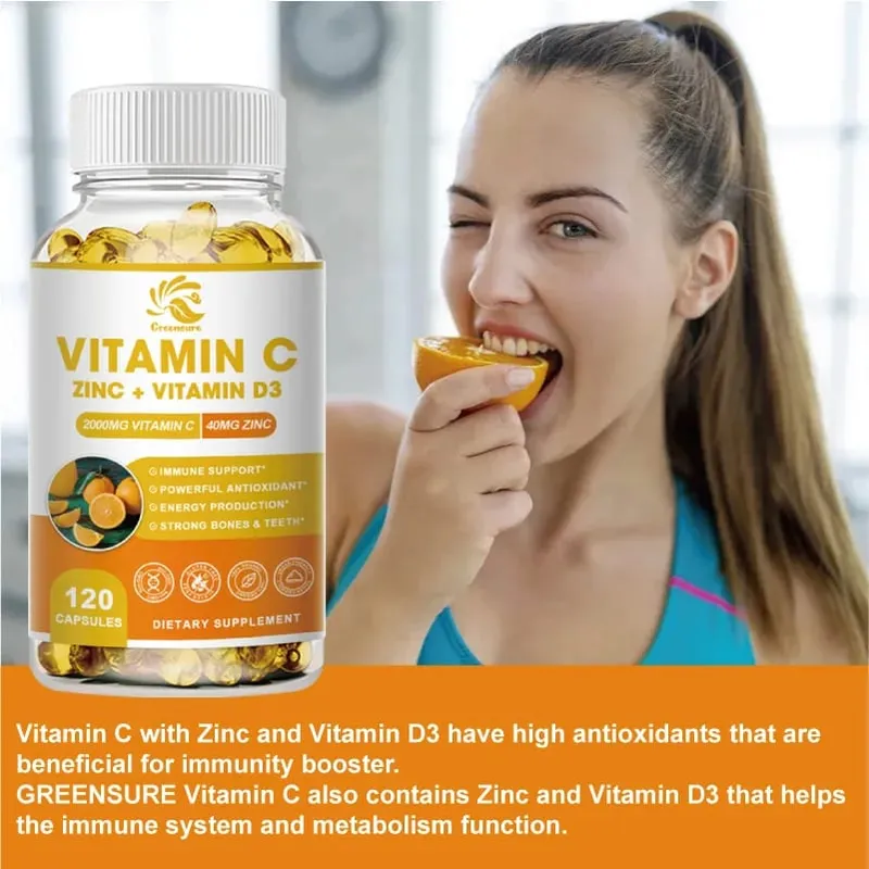 Greensure Supplements Zinc 40mg Vitamin C 2000mg and Vitamin D3 5000 IU (125mcg) Per Serving - 60/120 Capsules — image 4