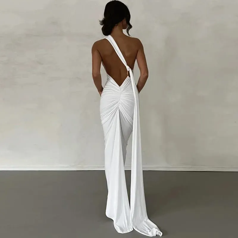 Kvinnor ärmlös maxiklänning med en axel, justerbar halsduk Loop Ruched Backless Bodycon Festival Festoutfit Elegant långklänning — image 3